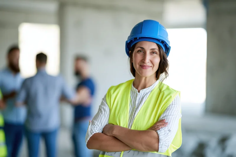Woman in blue helmet and yellow vest with arms crossed at construction site
