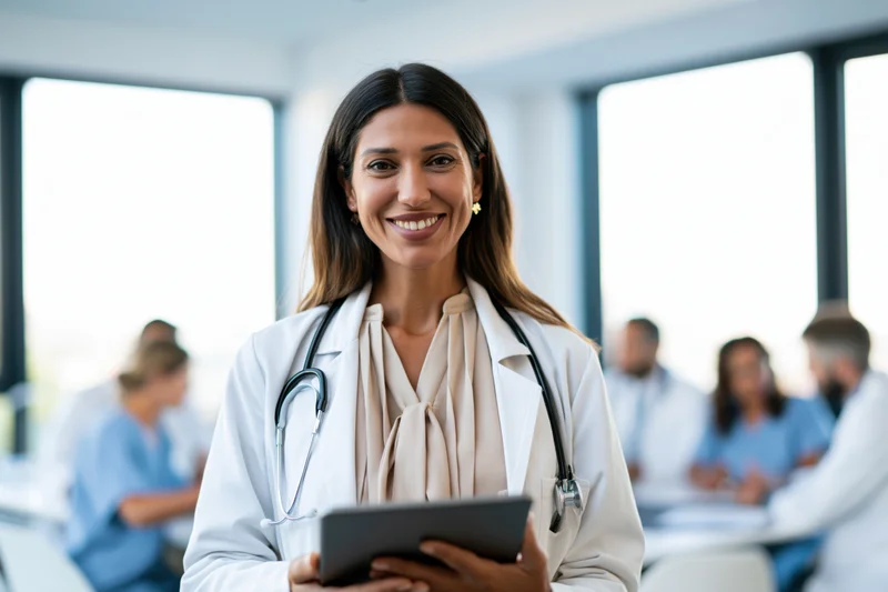 Smiling female doctor holding tablet in a modern clinic with medical team in background