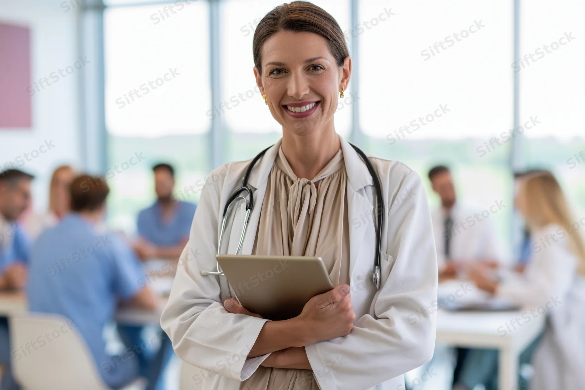 Female doctor smiling while holding tablet in a medical office with colleagues in background