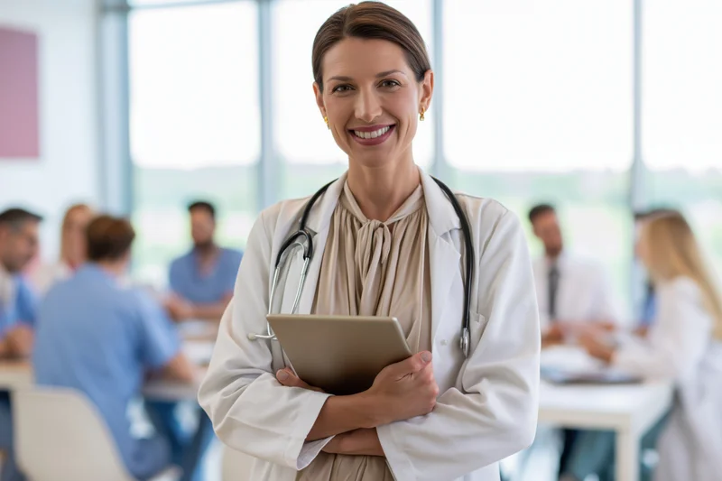 Female doctor smiling while holding tablet in a medical office with colleagues in background