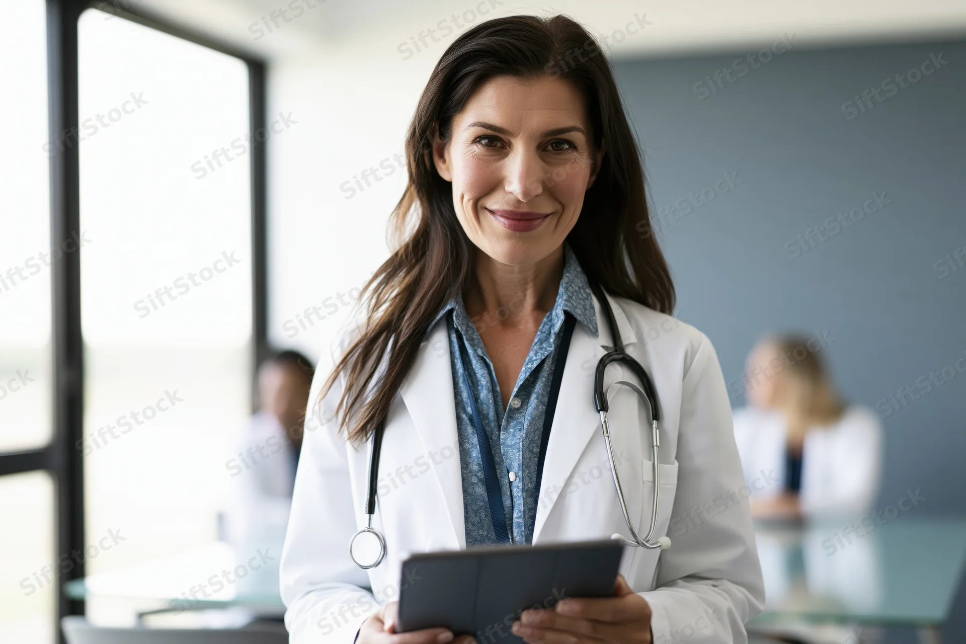 Female doctor in white coat holding tablet and smiling in clinic office