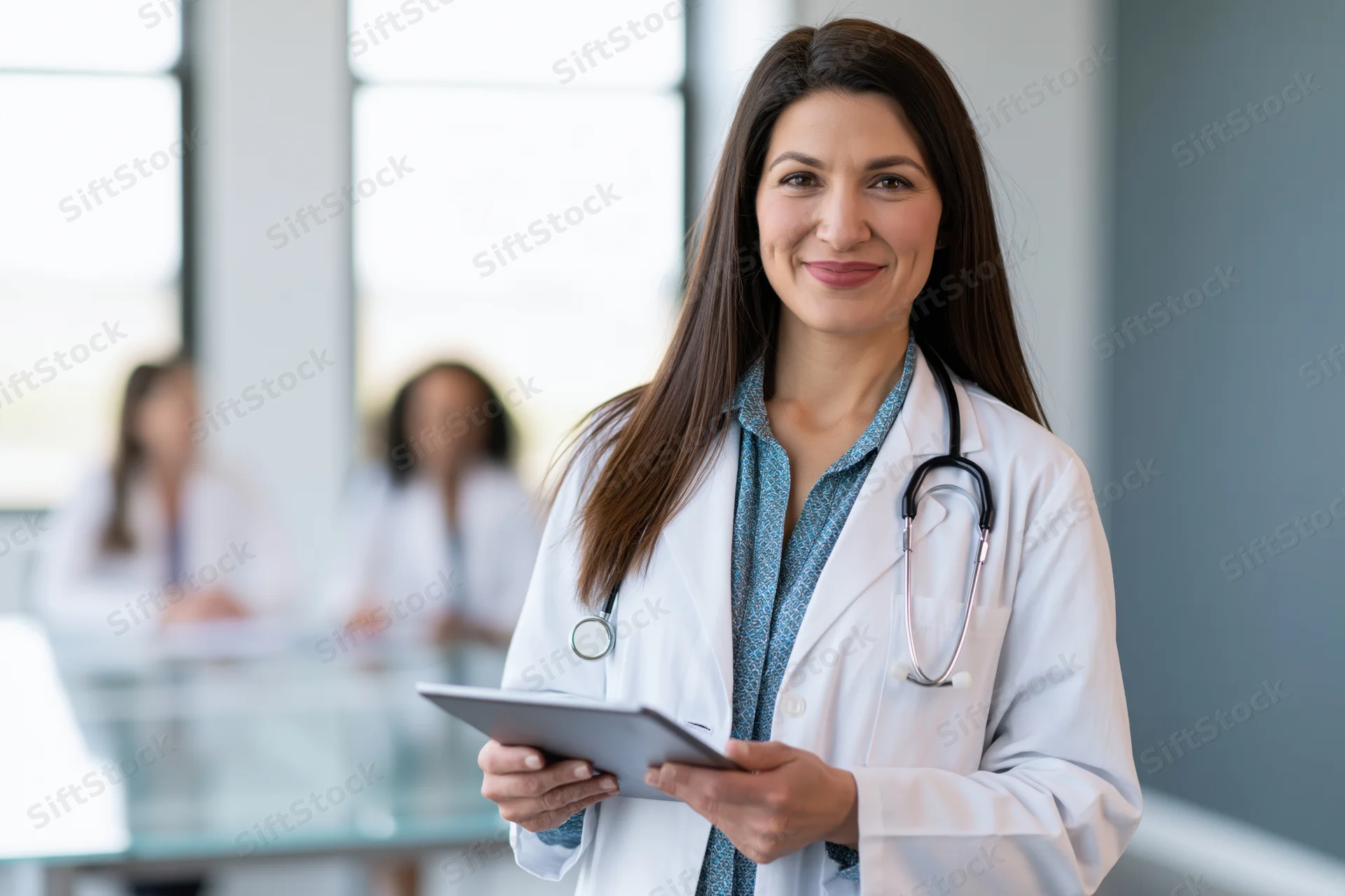 Woman doctor holding tablet and smiling in a modern clinic office with colleagues in background