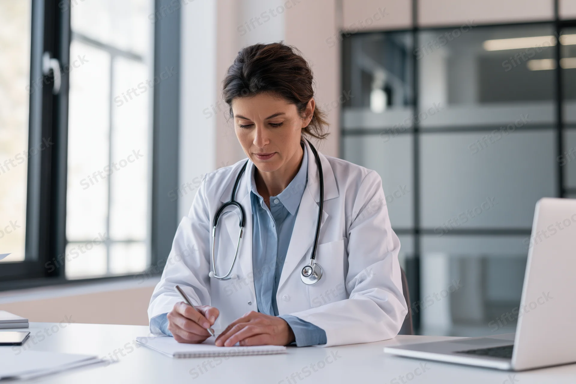 Female doctor writing notes on a notepad at her desk in a modern office