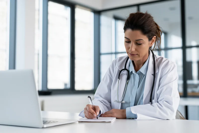 Female doctor writing notes on a notepad at a desk in an office with a laptop and stethoscope around her neck