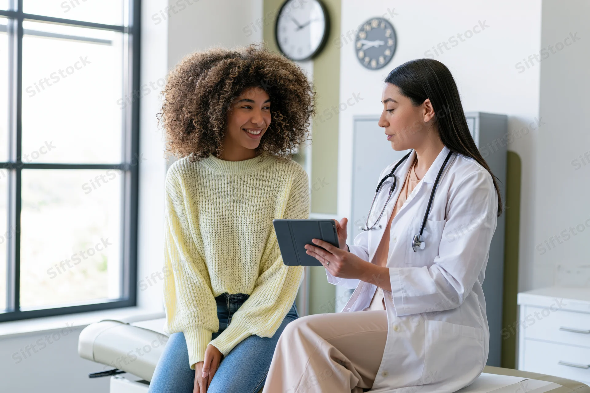 Female doctor showing tablet to smiling patient during consultation in clinic