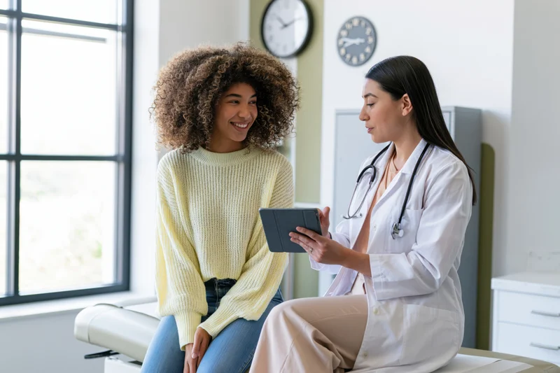 Female doctor showing tablet to smiling patient during consultation in clinic