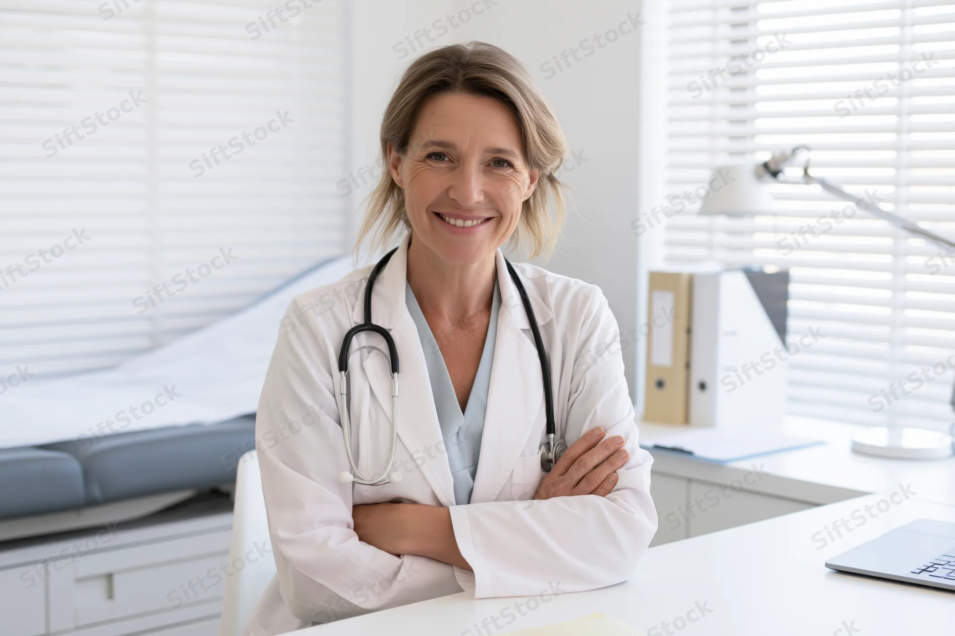 Female doctor in white lab coat with stethoscope around her neck, arms crossed, sitting at desk in clinic office