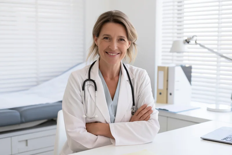 Female doctor in white lab coat with stethoscope around her neck, arms crossed, sitting at desk in clinic office
