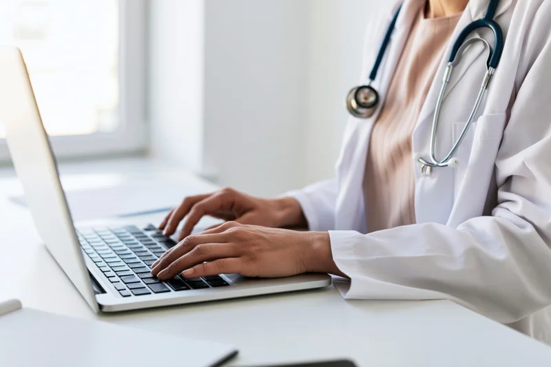 Doctor typing on laptop at clinic desk