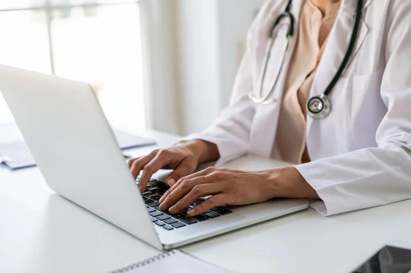 Female doctor typing on laptop at clinic desk