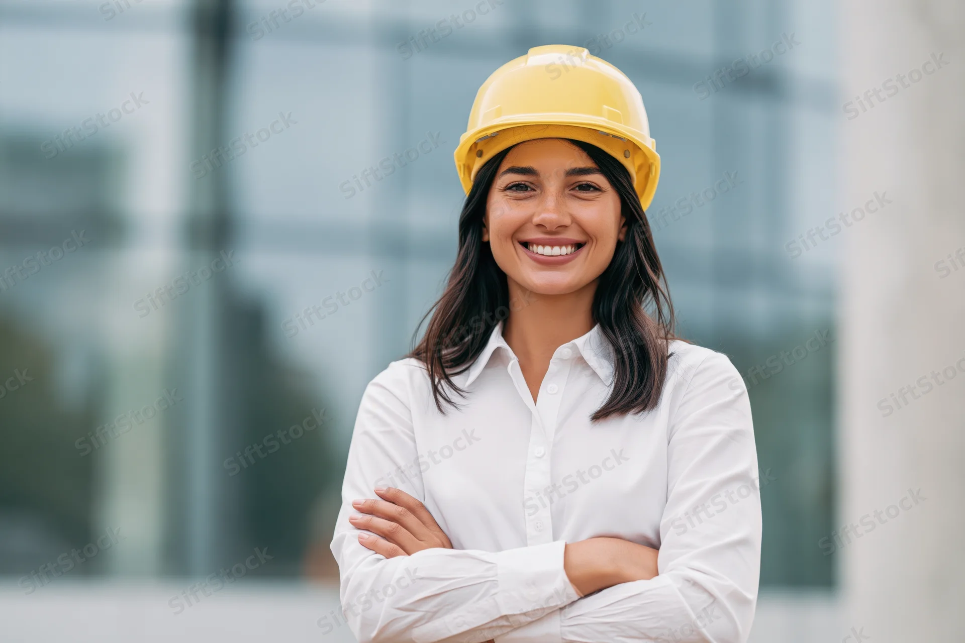 Woman engineer in yellow safety helmet with arms crossed smiling in front of modern glass building