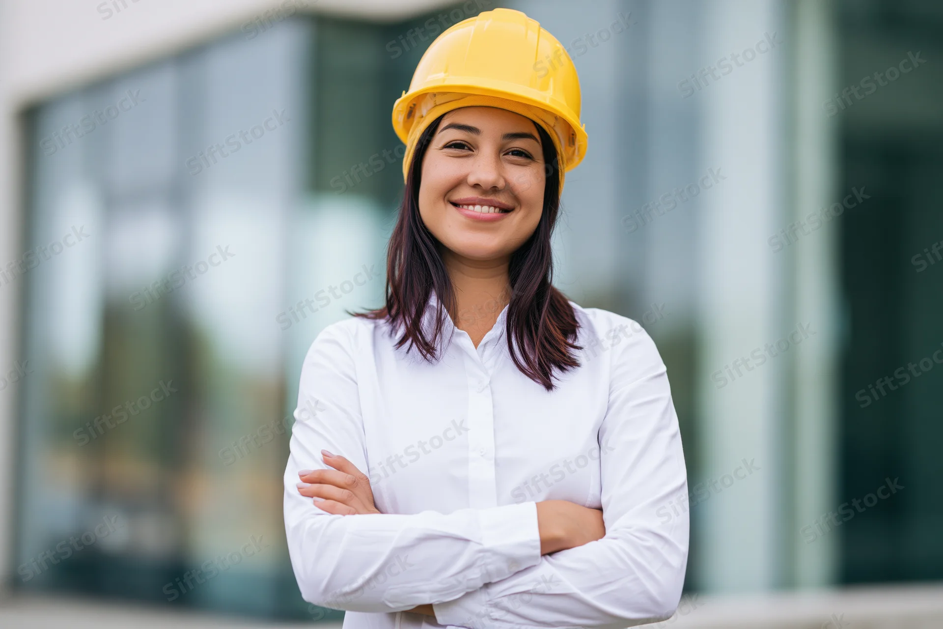 Woman engineer in yellow safety helmet with arms crossed smiling in front of modern glass building exterior