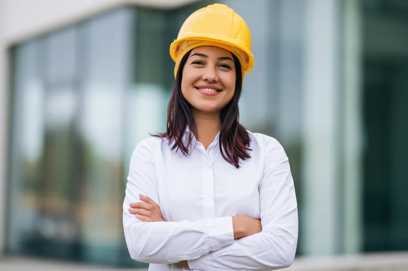 Woman engineer in yellow safety helmet with arms crossed smiling in front of modern glass building exterior