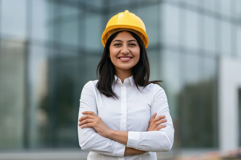 Woman engineer in yellow hardhat with arms crossed standing before modern glass building facade