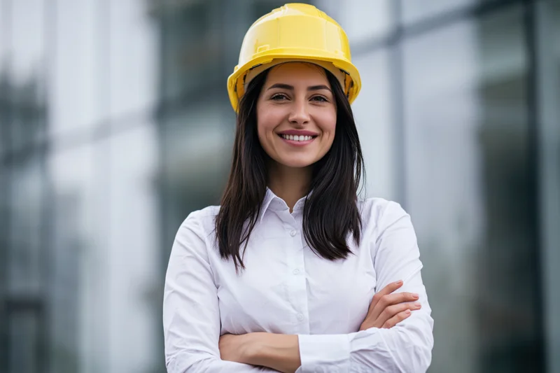 Woman in yellow hard hat smiling with arms crossed in front of glass building facade