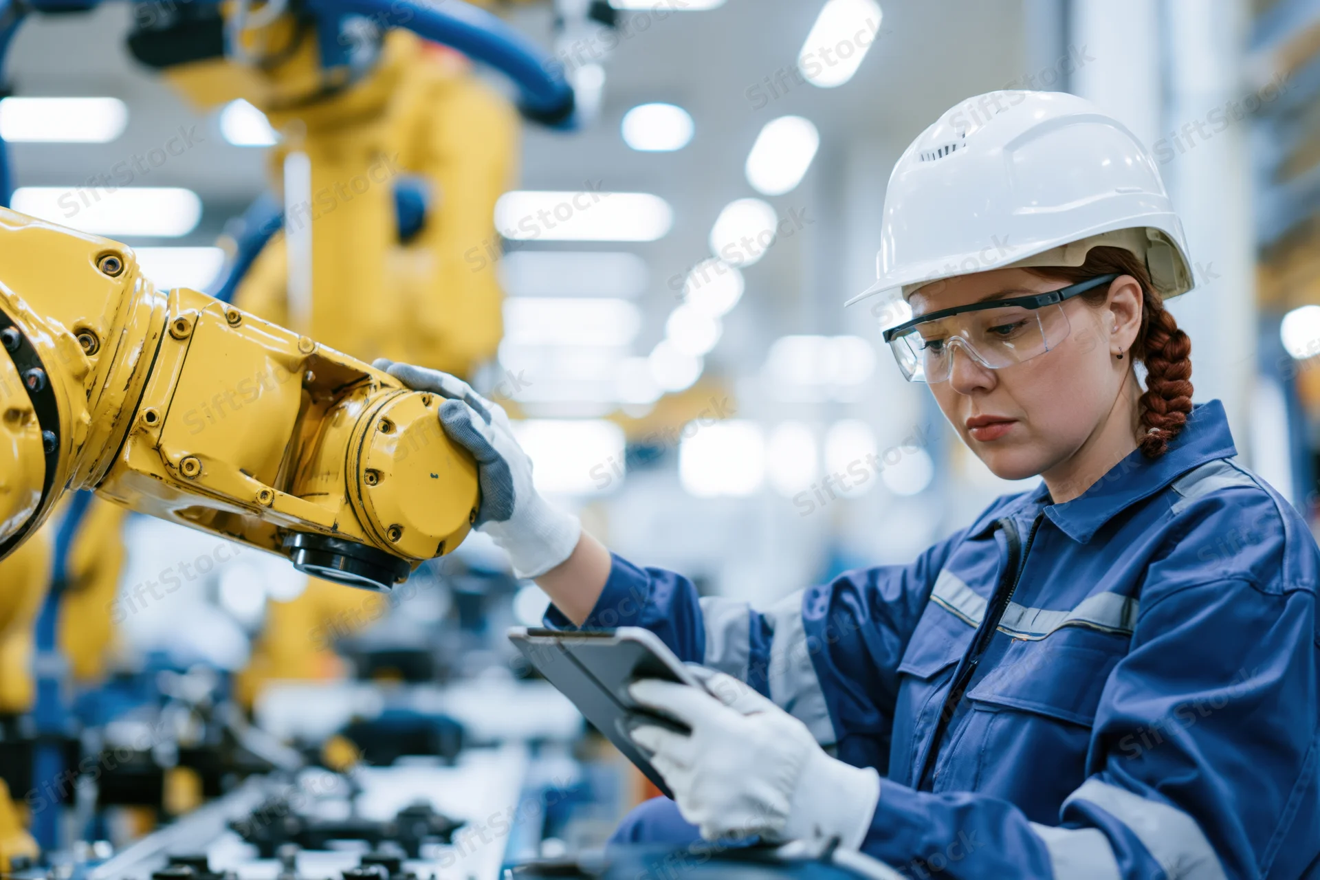 Female engineer in blue uniform and white hardhat using tablet to inspect yellow robotic arm in factory