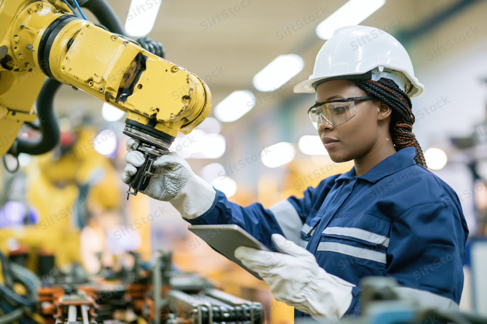 Woman engineer inspecting robotic arm with tablet in factory