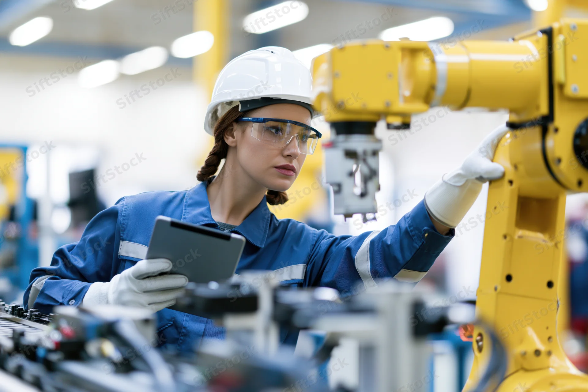 Female engineer inspecting robotic arm with tablet in factory setting
