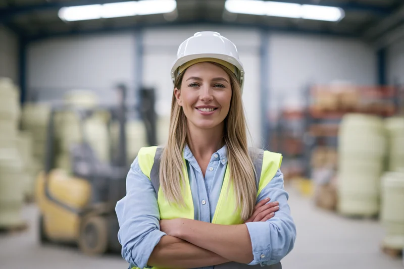 Woman in safety helmet and high-visibility vest with arms crossed in warehouse