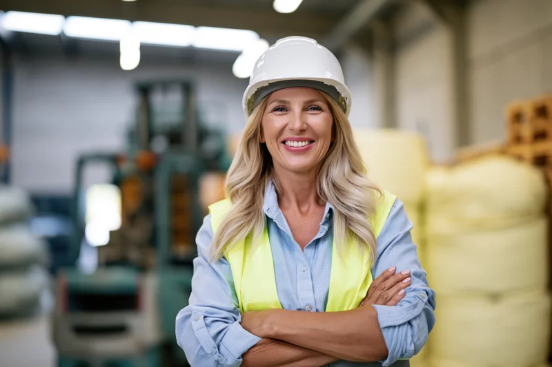 Woman in safety helmet and vest with arms crossed in warehouse interior