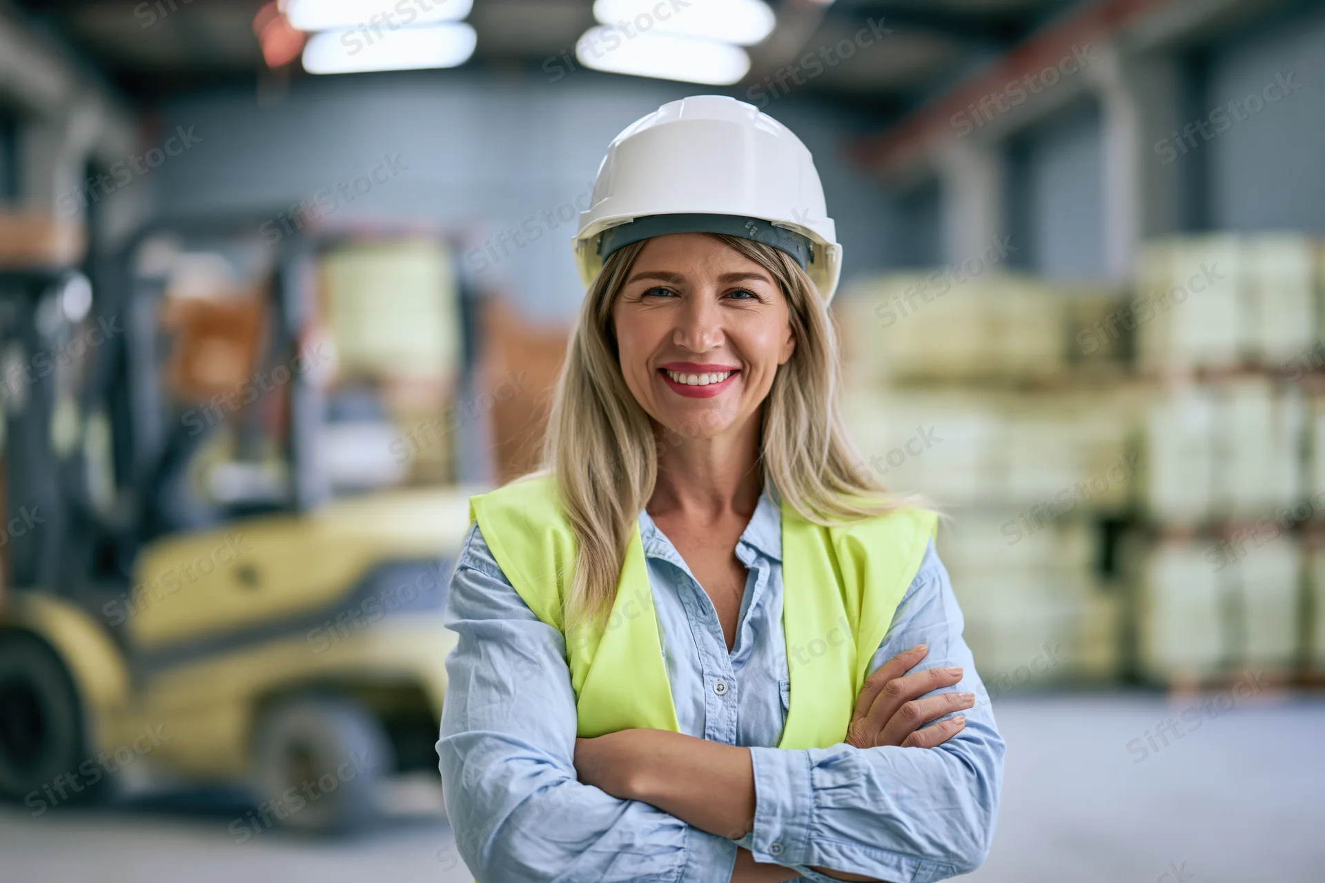 Woman in safety helmet and vest standing with arms crossed in warehouse interior
