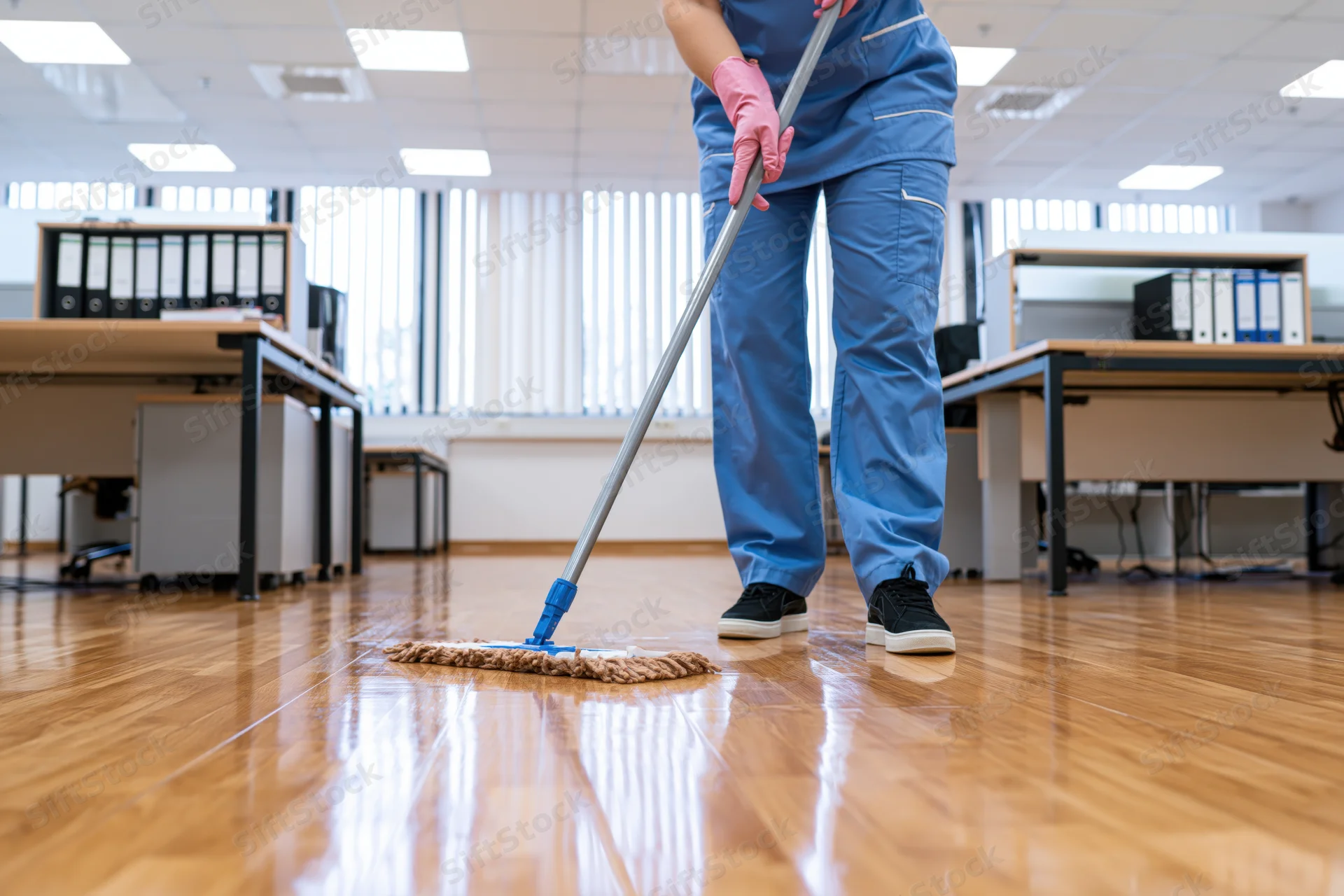 Woman in blue uniform mopping polished wooden floor in office space