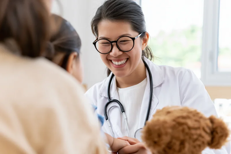 Pediatrician smiling at child during clinic consultation with teddy bear nearby
