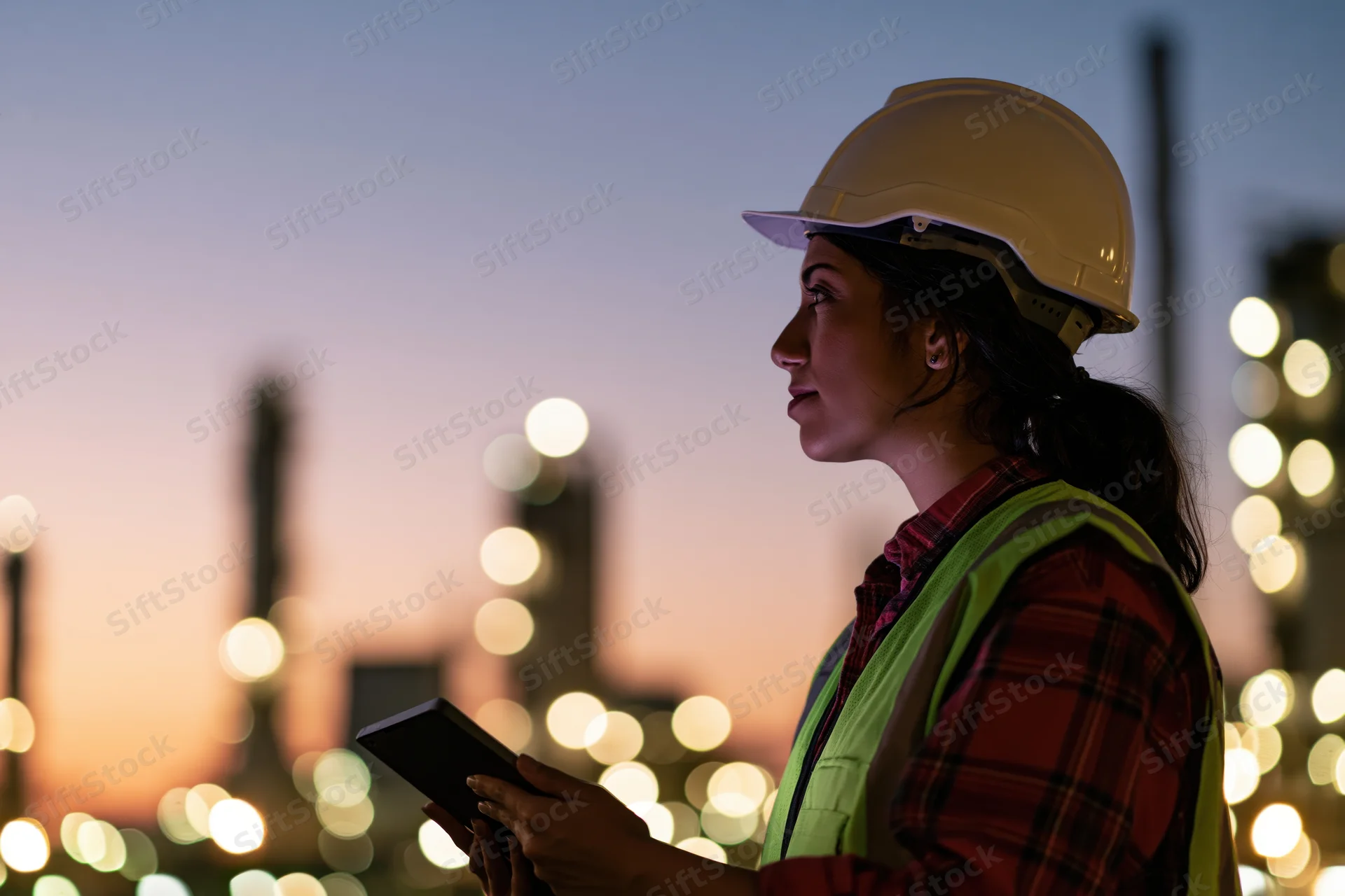 Female petrochemical engineer holding tablet and looking up at industrial plant at twilight