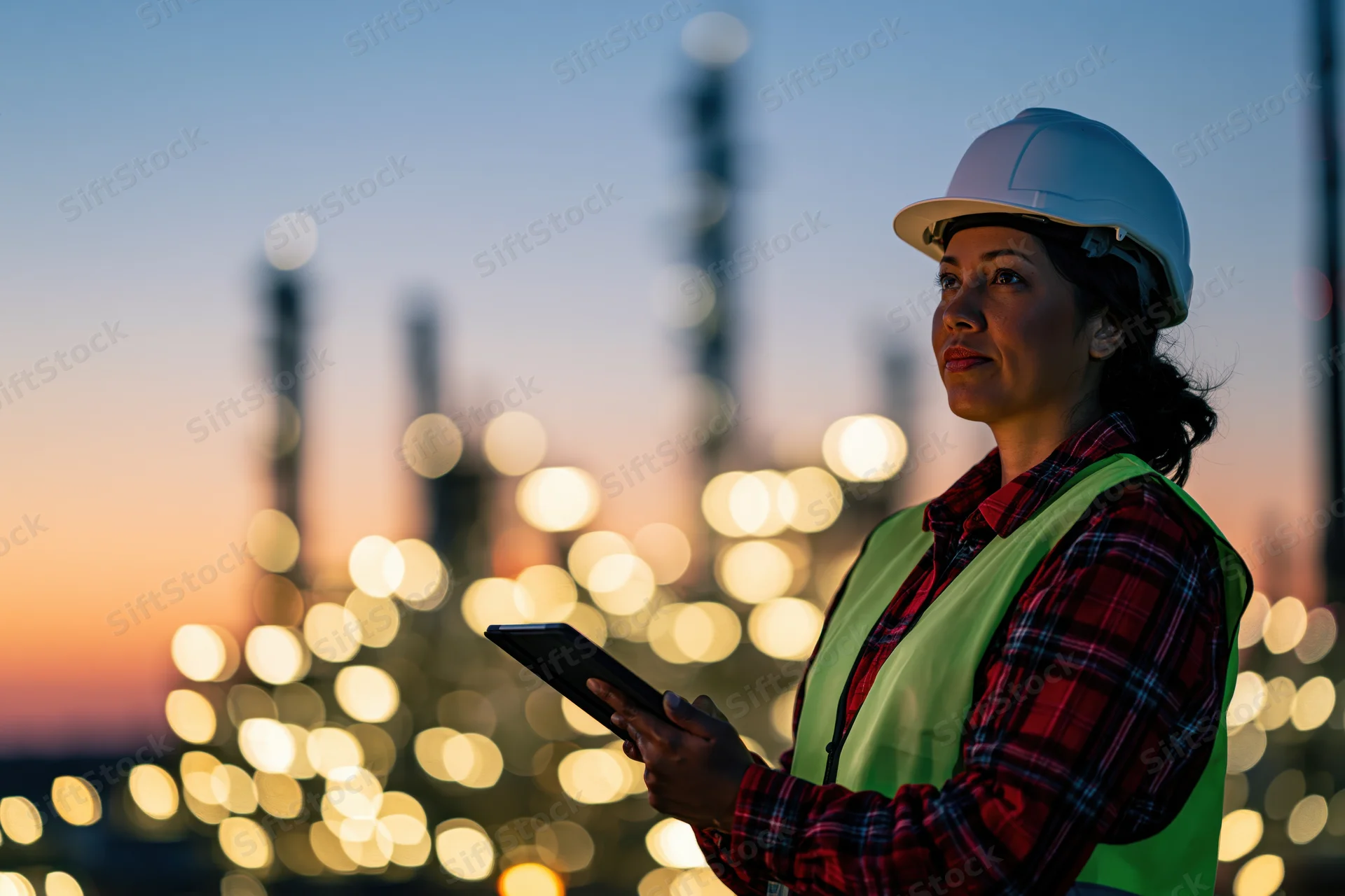 Female engineer in safety gear holding tablet at twilight near illuminated refinery