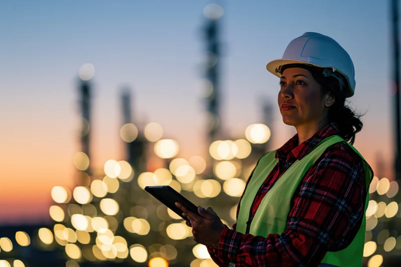 Female engineer in safety gear holding tablet at twilight near illuminated refinery