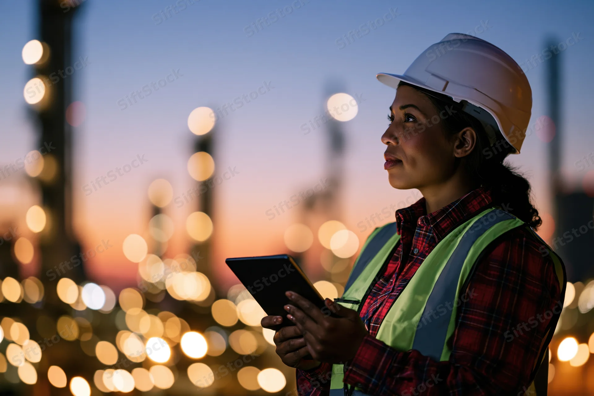 Female petrochemical engineer holding tablet and looking up at industrial plant at twilight