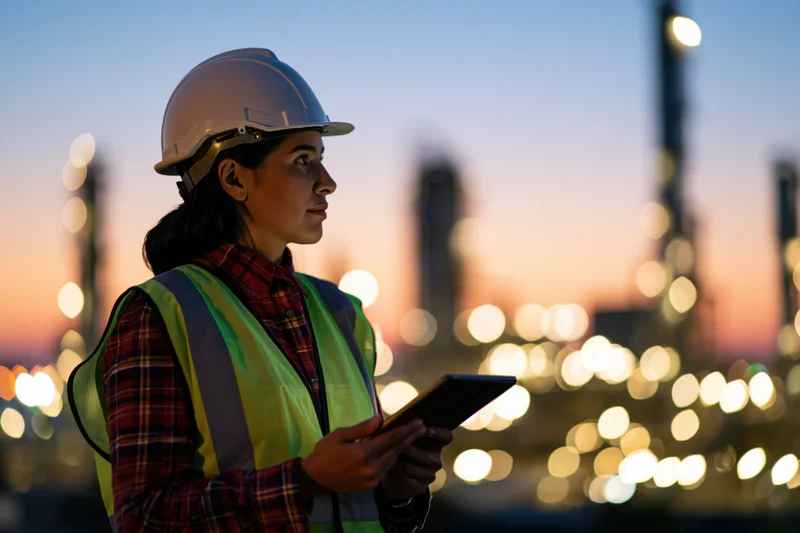 Female petrochemical engineer holding tablet and looking up at industrial plant at twilight