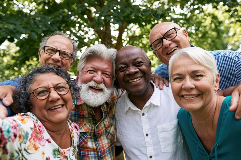 Diverse senior friends smiling together outdoors in a park with arms around each other