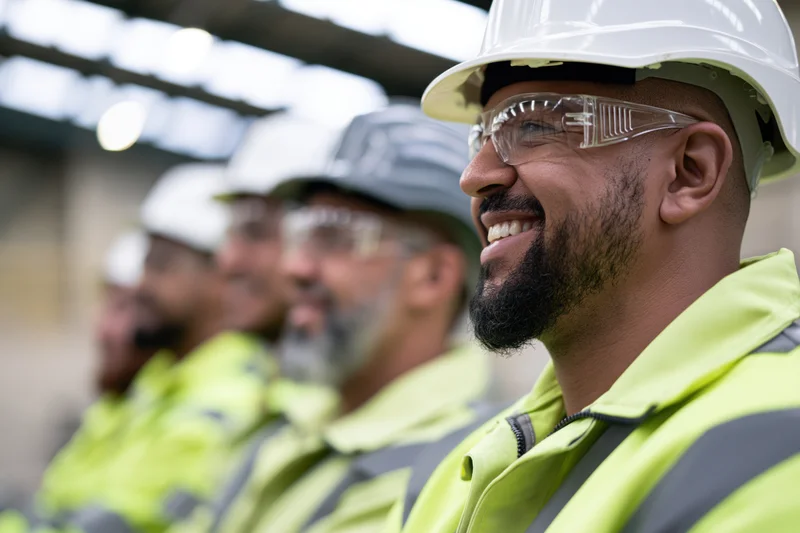 Four industrial workers in safety gear standing shoulder to shoulder on a construction site