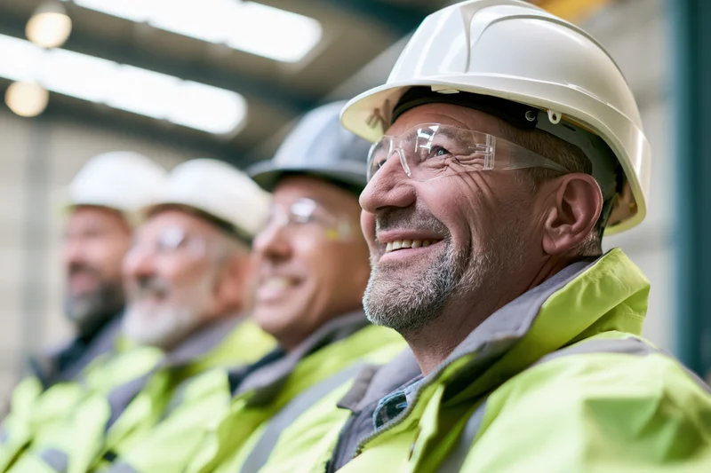 Four industrial workers in safety gear smiling in a factory line