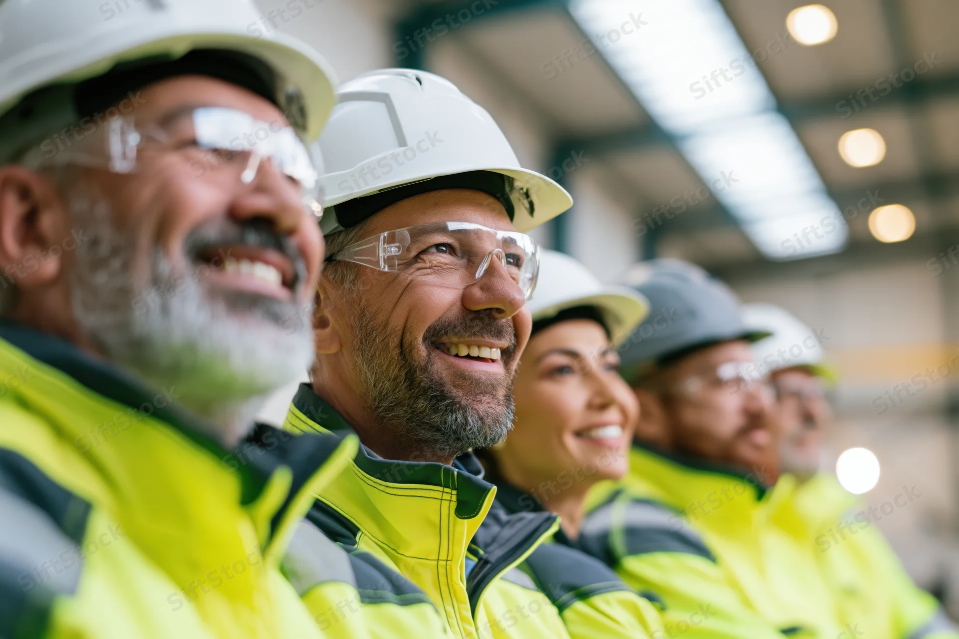 Industrial workers in safety gear smiling in a factory setting