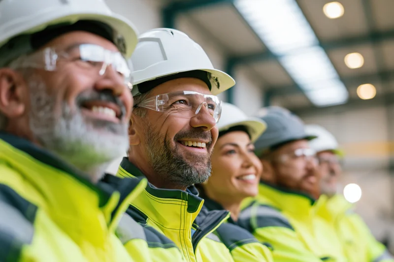 Industrial workers in safety gear smiling in a factory setting