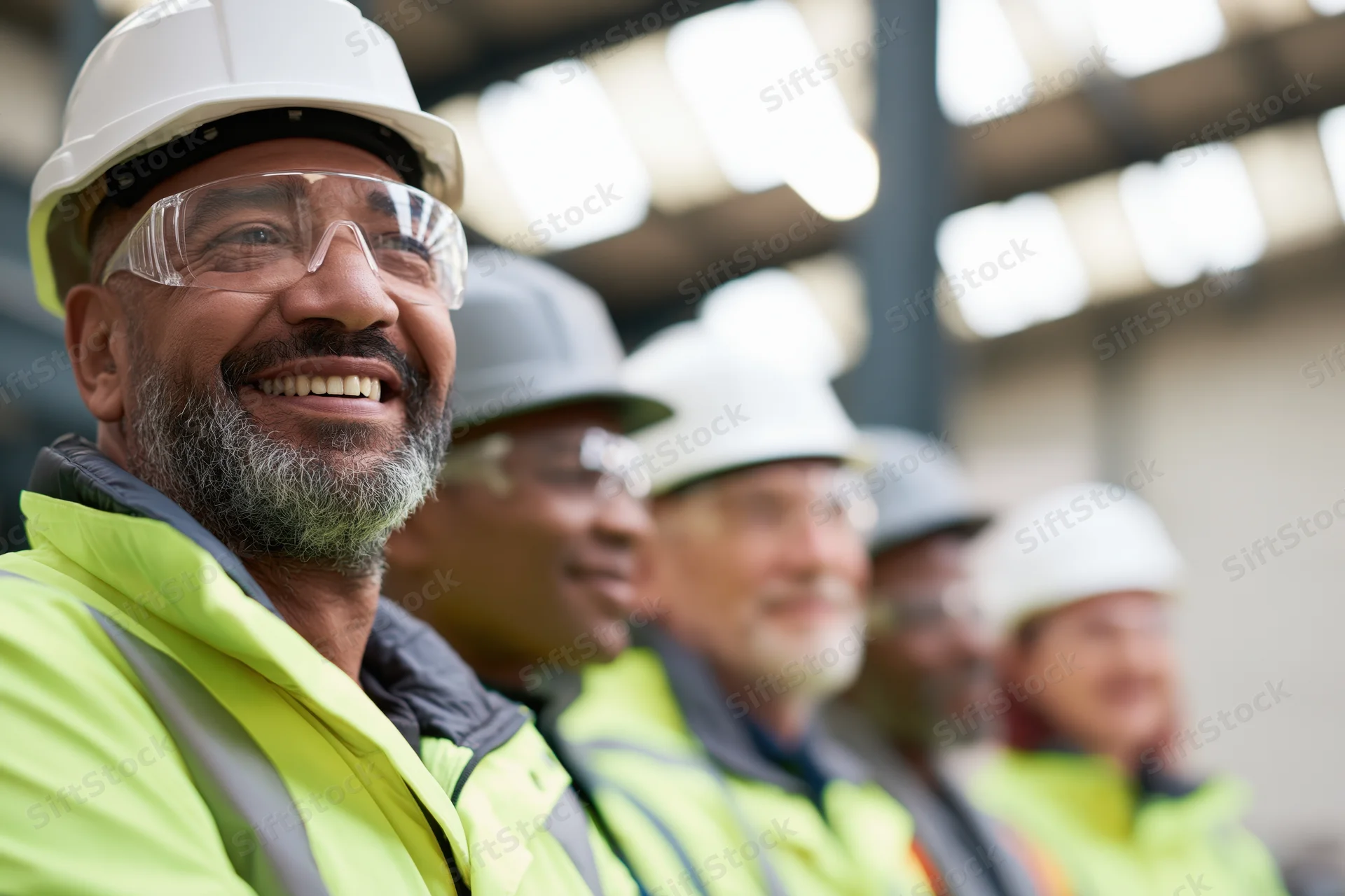 Smiling construction workers in safety gear standing shoulder to shoulder in a factory workshop