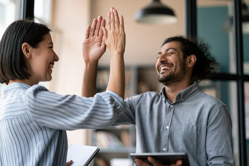 Woman and man colleagues high-fiving in modern office space