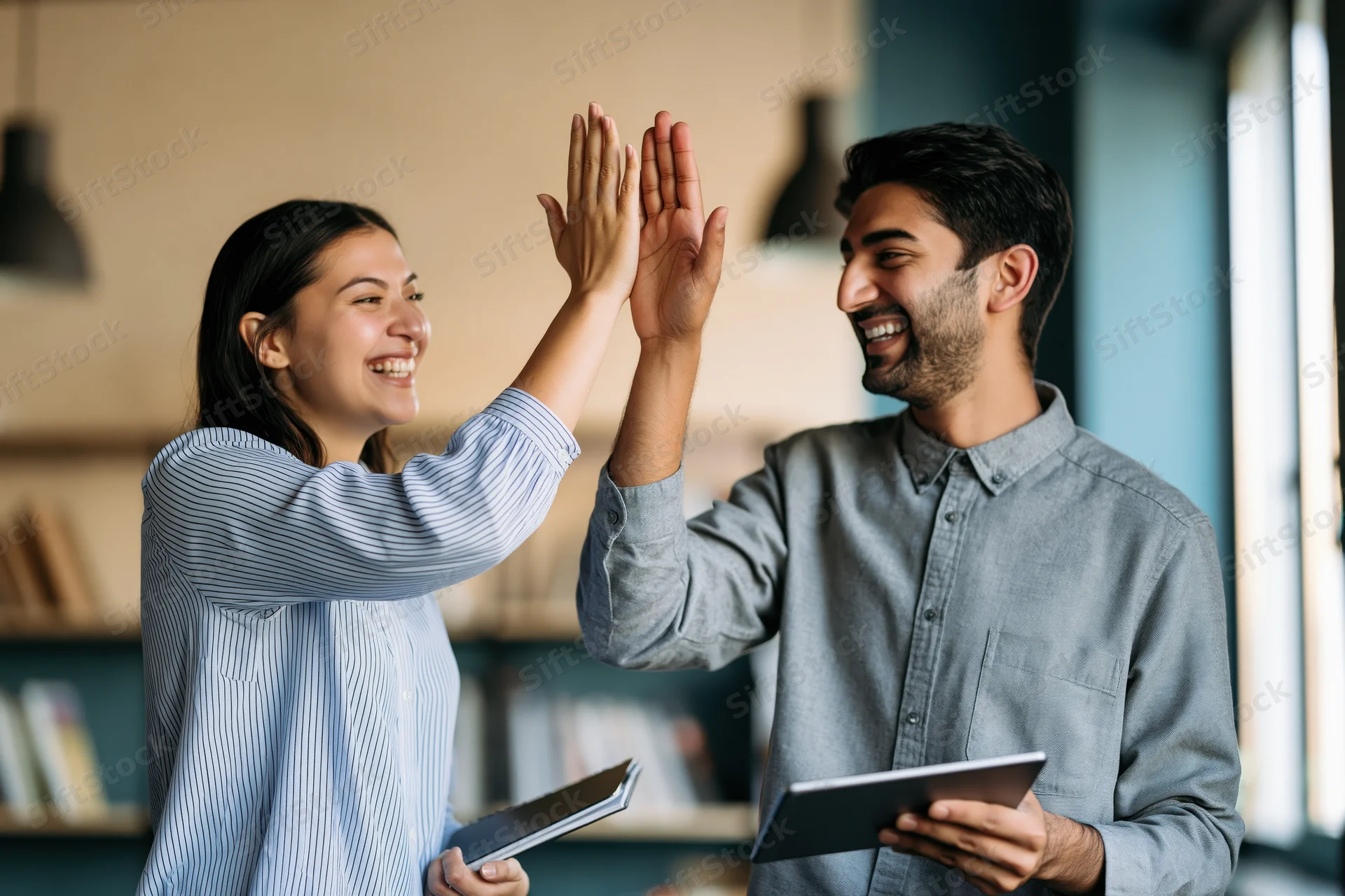Woman and man colleagues high-fiving in modern office holding tablets and notebooks