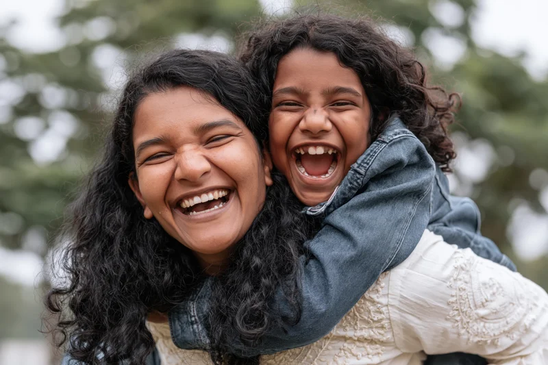 Woman giving young daughter a piggyback ride outdoors, both laughing joyfully