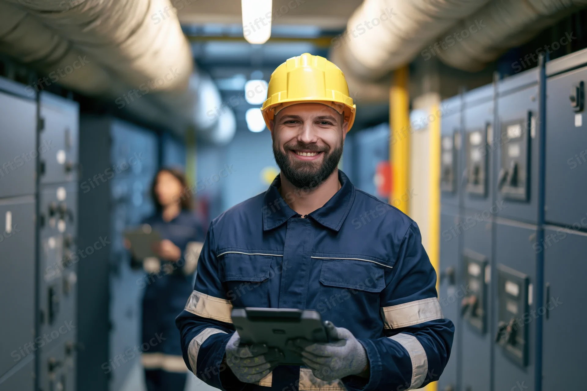 Smiling male worker in navy coveralls and yellow hardhat holding tablet in industrial plant corridor