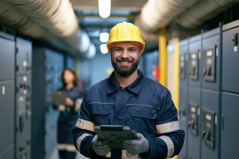 Smiling male worker in navy coveralls and yellow hardhat holding tablet in industrial plant corridor
