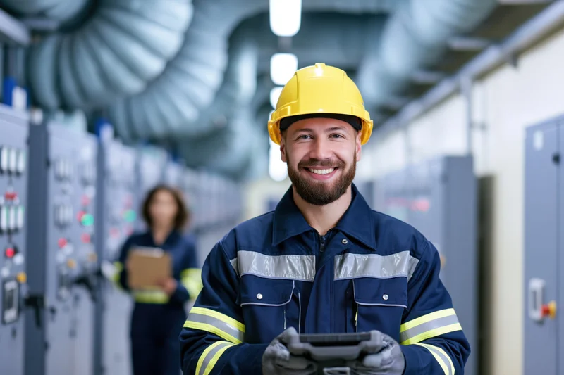 Smiling male worker in navy coveralls and yellow hardhat holding tablet in industrial plant corridor