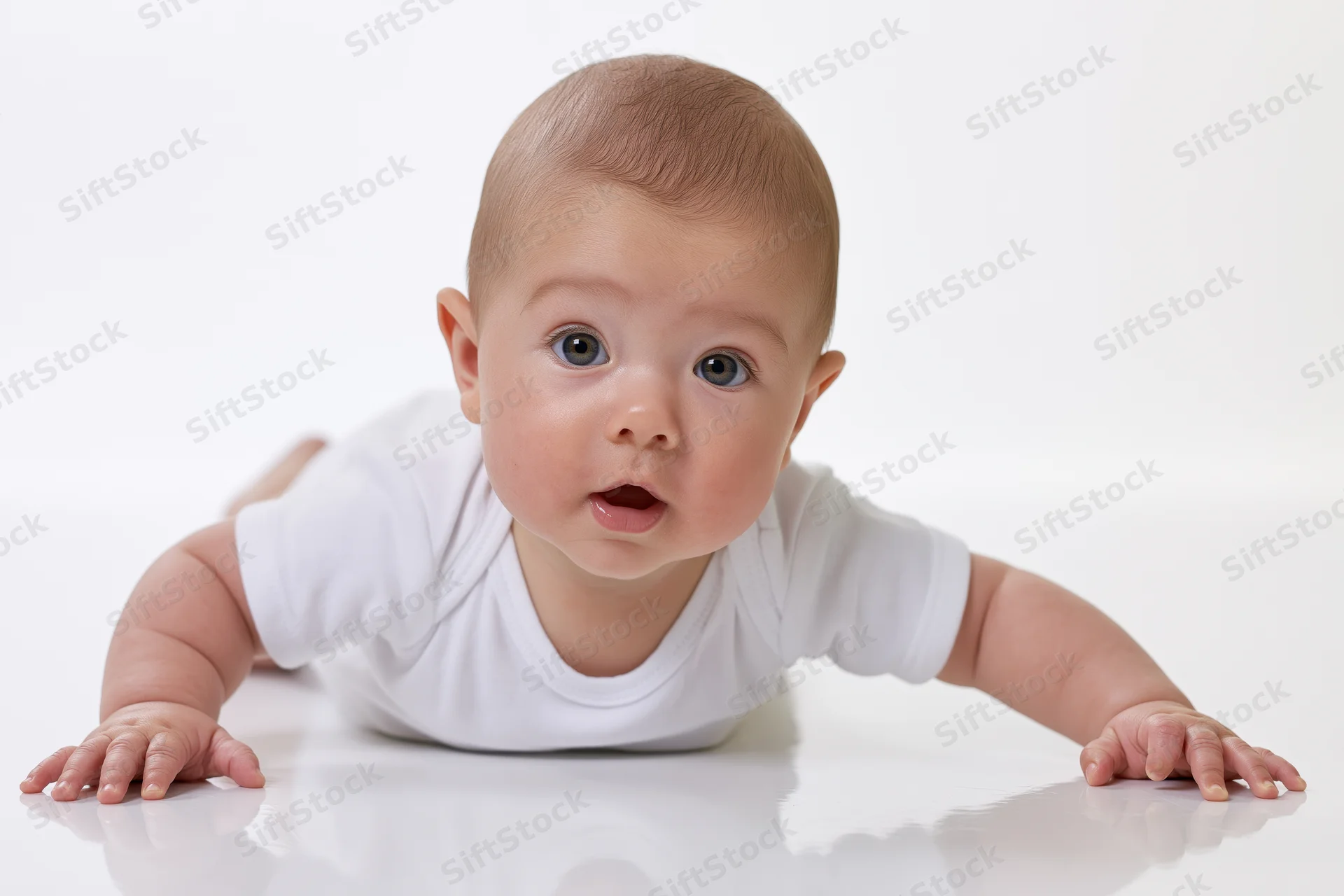 Baby lying on stomach with head lifted during tummy time on white surface