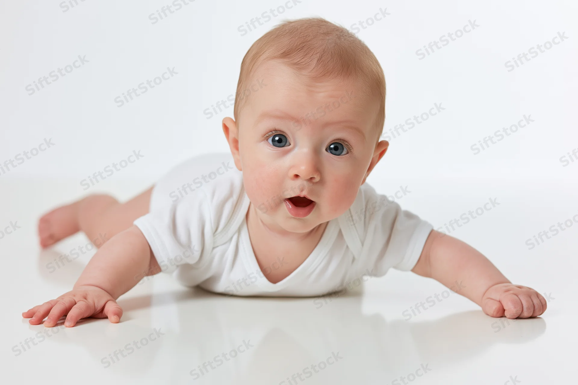 Baby lying on stomach during tummy time with head lifted in studio setting