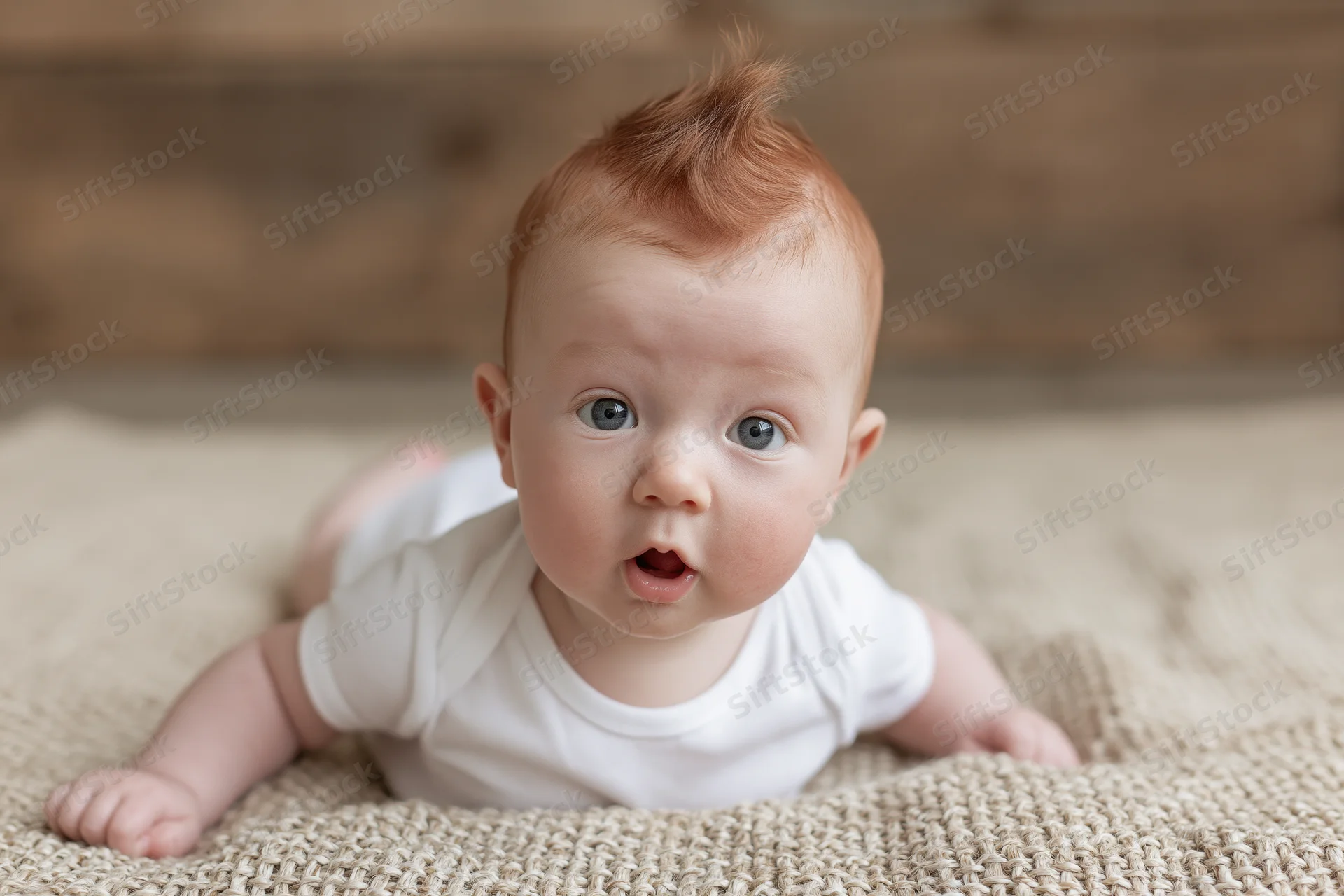 Baby lying on stomach during tummy time on a knitted rug looking up