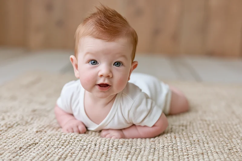 Baby lying on stomach during tummy time on a woven rug indoors