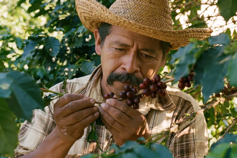 Man inspecting ripe coffee cherries on a branch in a coffee farm