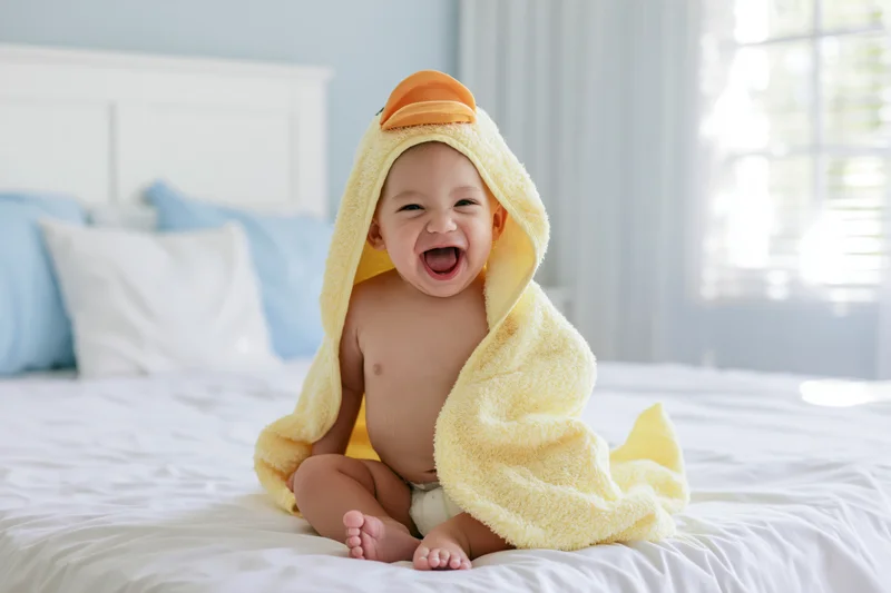 Laughing baby sitting on white bed wearing yellow hooded towel